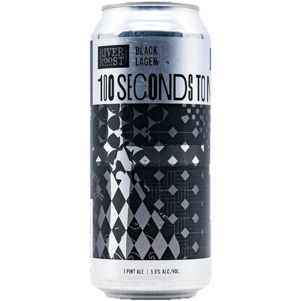 Stowe Public House & Bottle Shop River Roost Brewery 100 Seconds to Midnight black lager can. 5.6% ABV.