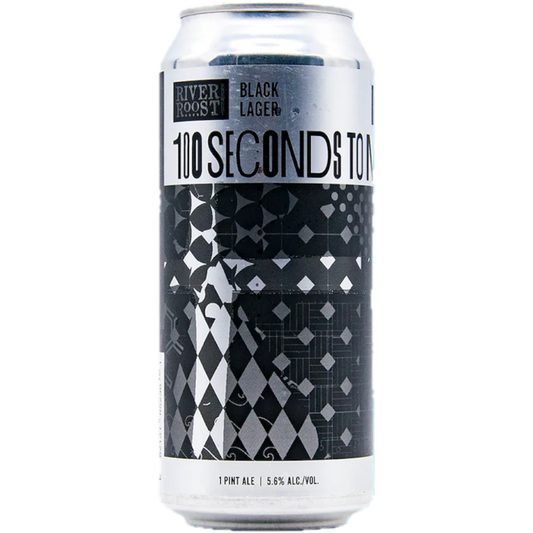 Stowe Public House & Bottle Shop River Roost Brewery 100 Seconds to Midnight black lager can. 5.6% ABV.