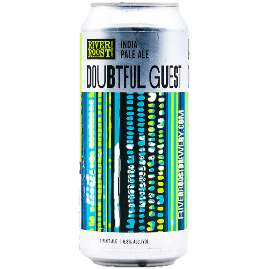 Stowe Public House & Bottle Shop: River Roost Brewery Doubtful Guest India Pale Ale can with blue and yellow abstract design.