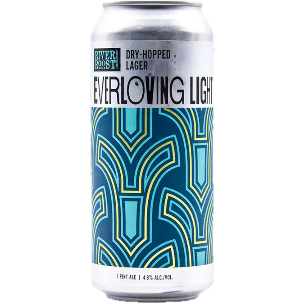 Stowe Public House & Bottle Shop River Roost Brewery Ever Loving Light dry-hopped lager can with blue, yellow, and teal geometric pattern.