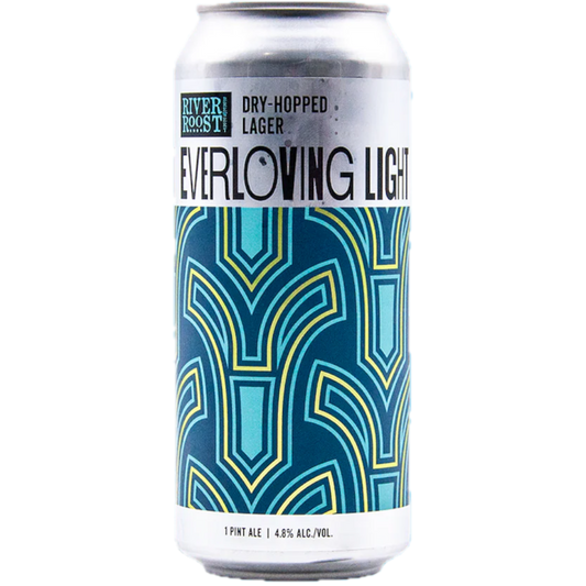 Stowe Public House & Bottle Shop River Roost Brewery Ever Loving Light dry-hopped lager can with blue, yellow, and teal geometric pattern.