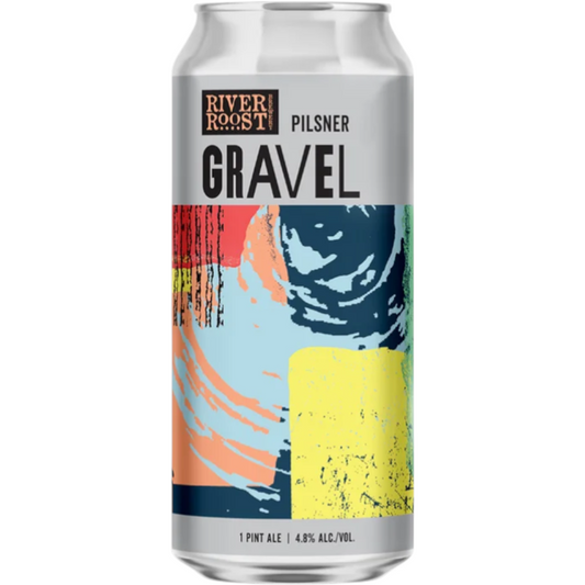 Stowe Public House & Bottle Shop River Roost Gravel Pilsner can with abstract colorful design. 4.8% ABV.