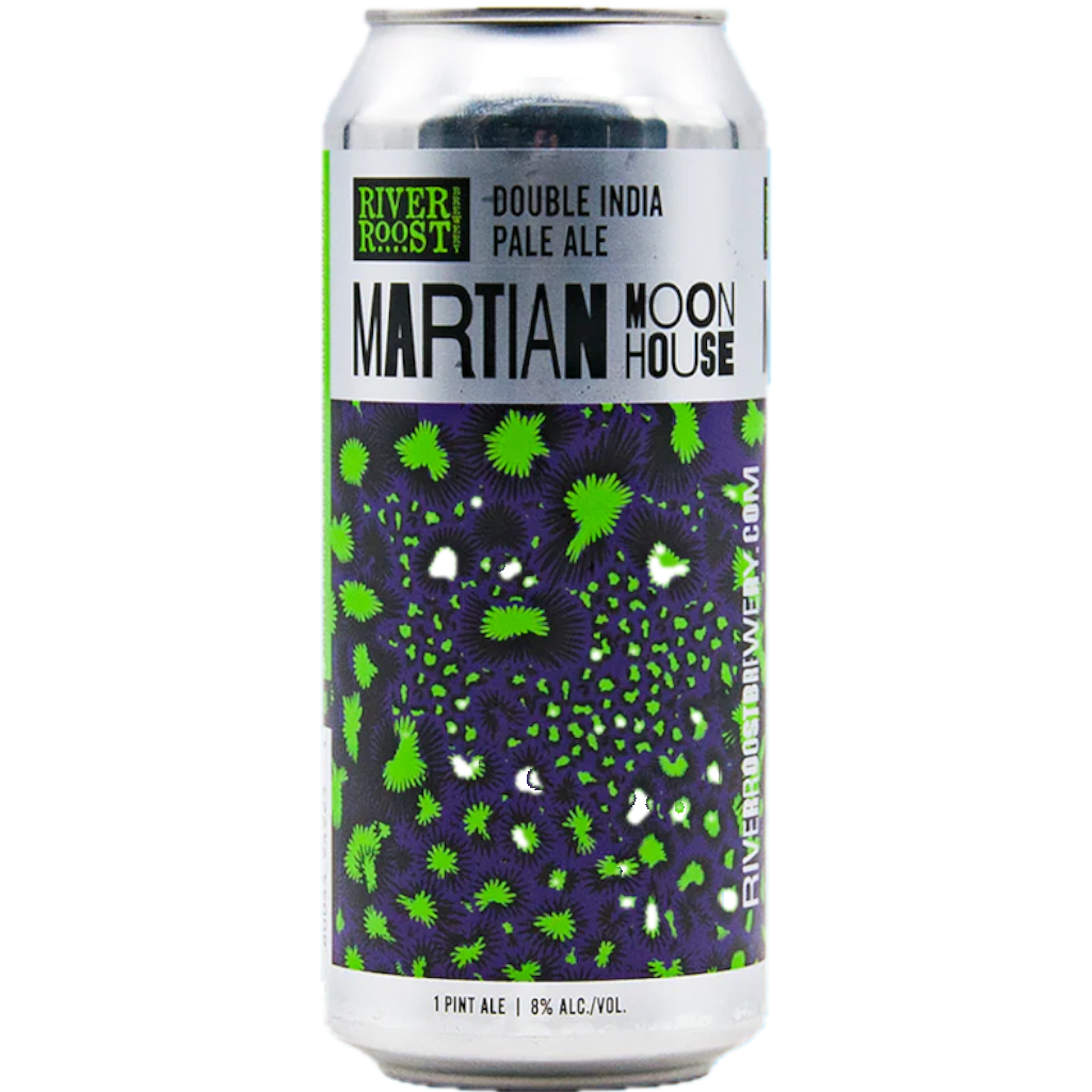 Stowe Public House & Bottle Shop Martian Moon House Double IPA can with purple and green alien-like pattern. 8% ABV.