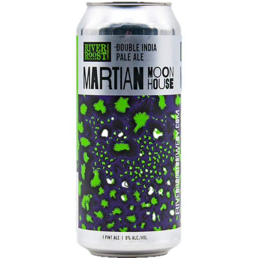Stowe Public House & Bottle Shop Martian Moon House Double IPA can with purple and green alien-like pattern. 8% ABV.