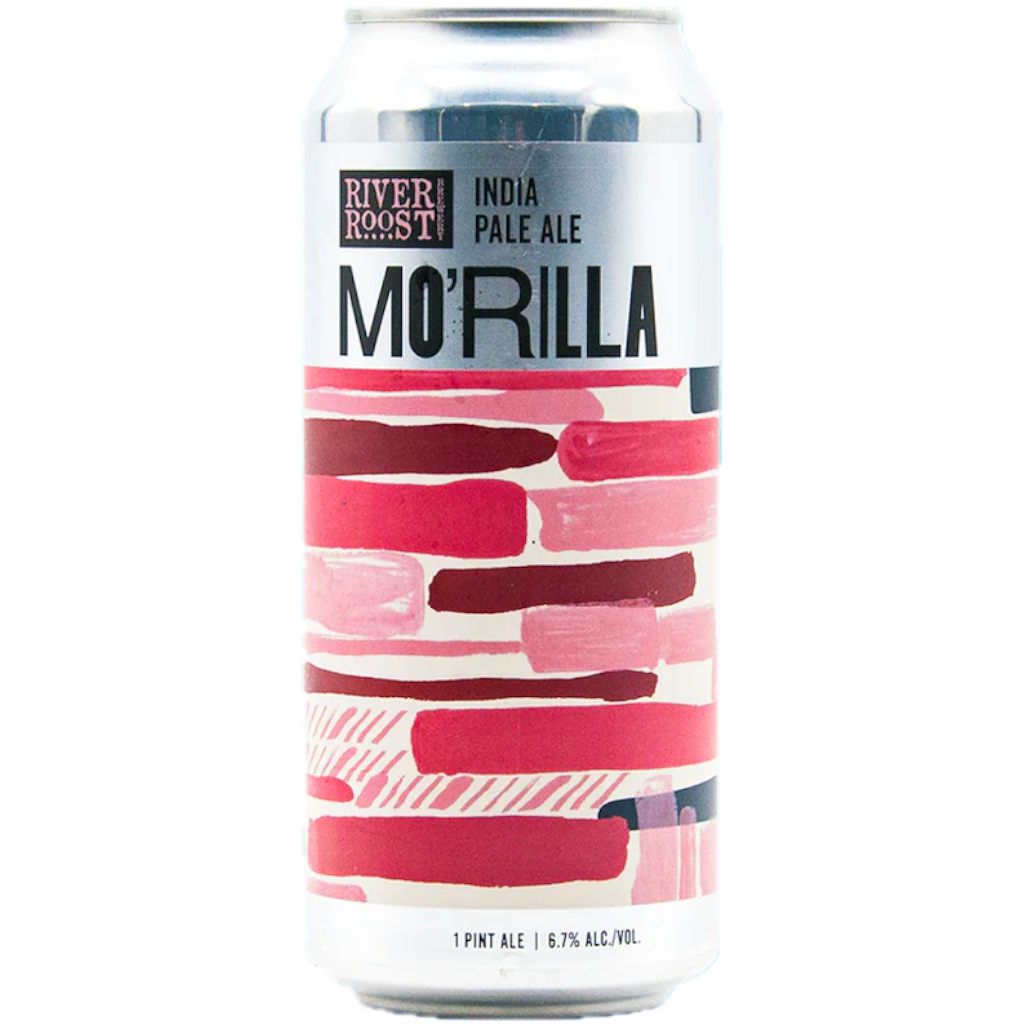 Stowe Public House River Roost Mo'Rilla India Pale Ale can with pink and red brushstroke design. 1 pint, 6.7% ABV.