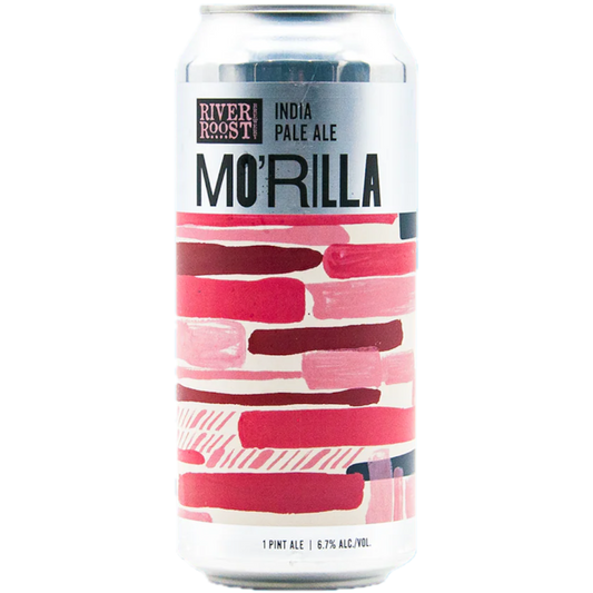 Stowe Public House River Roost Mo'Rilla India Pale Ale can with pink and red brushstroke design. 1 pint, 6.7% ABV.