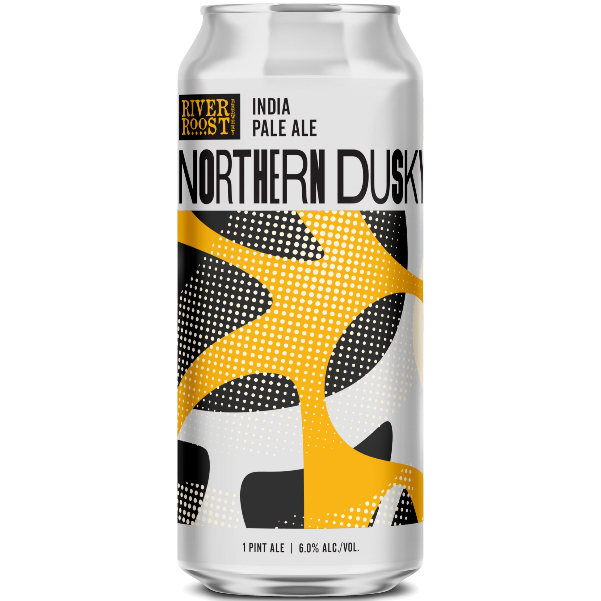 Stowe Public House River Roost Northern Dusky IPA beer can with abstract yellow, black, and white design. 6.0% ABV.
