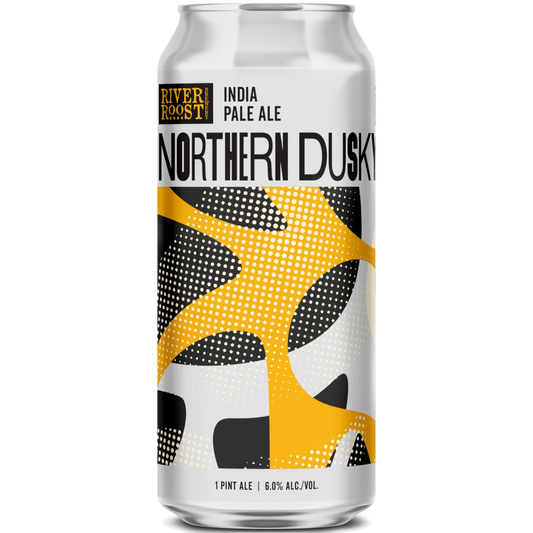 Stowe Public House River Roost Northern Dusky IPA beer can with abstract yellow, black, and white design. 6.0% ABV.