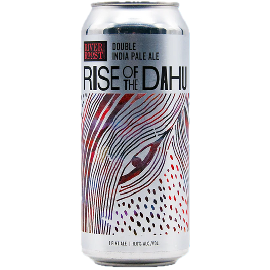 Stowe Public House River Roost Brewery Rise of the Dahu Double IPA can. Features abstract colorful lines and an eye graphic.