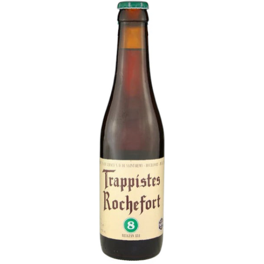 Stowe Public House & Bottle Shop Trappistes Rochefort 8 Belgian Ale, deep golden-brown with red highlights, 11.2 oz bottle.