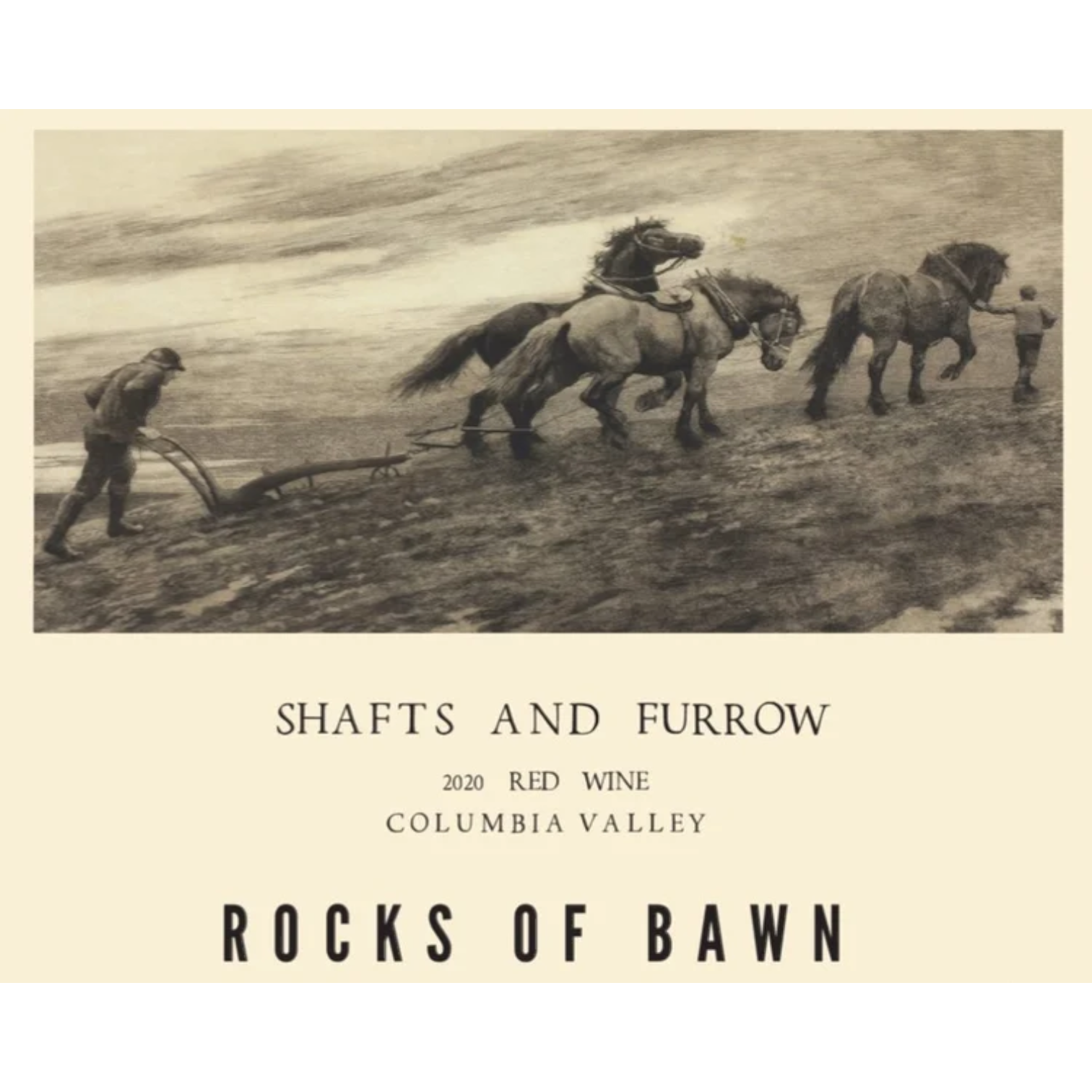 Stowe Public House & Bottle Shop: Rocks of Bawn Shafts and Furrow 2020 Red Blend wine label with horse-drawn plow illustration.