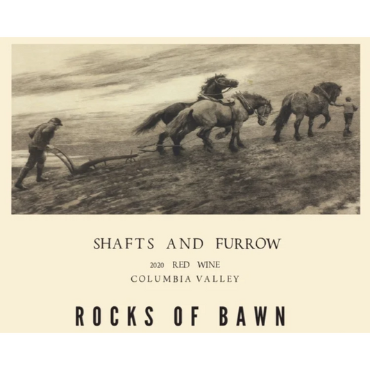 Stowe Public House & Bottle Shop: Rocks of Bawn Shafts and Furrow 2020 Red Blend wine label with horse-drawn plow illustration.
