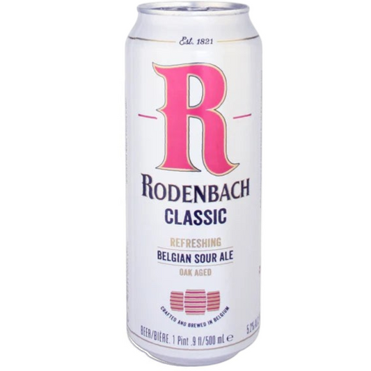 Stowe Public House & Bottle Shop: Rodenbach Classic refreshing Belgian sour ale in a white can with pink R logo. Oak aged.