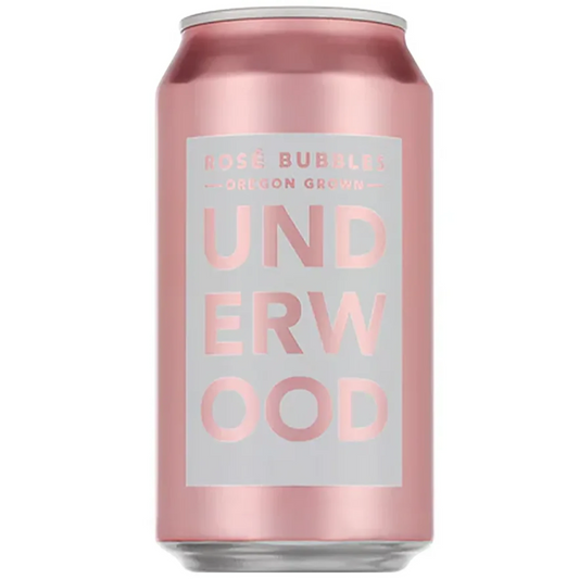 Stowe Public House & Bottle Shop Underwood Rosé Bubbles sparkling wine can, rose gold color, vegan and gluten-free.
