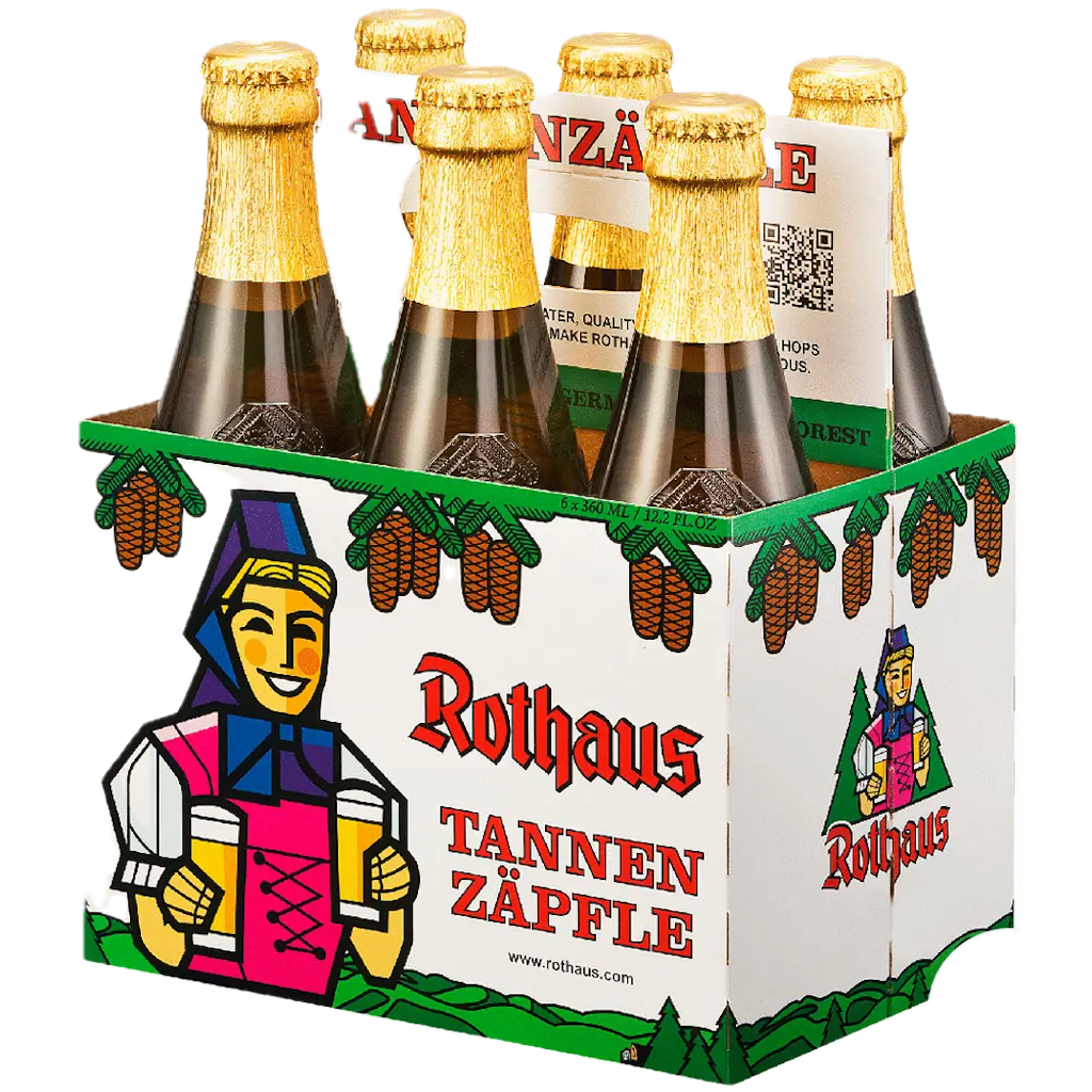 Stowe Public House & Bottle Shop Rothaus Tannenzäpfle Pils beer 6-pack. Features a cartoon woman holding two beers.