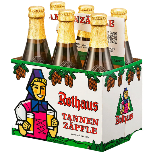 Stowe Public House & Bottle Shop Rothaus Tannenzäpfle Pils beer 6-pack. Features a cartoon woman holding two beers.