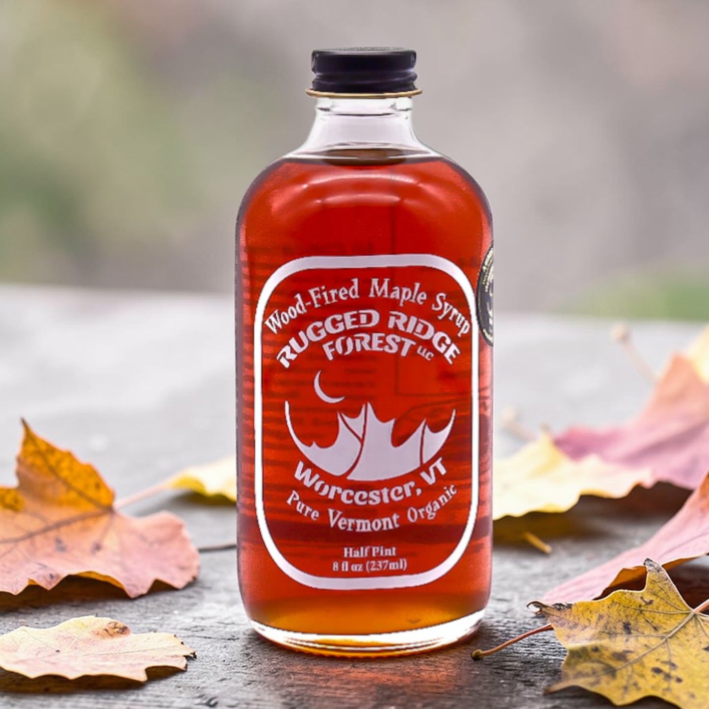 Stowe Public House & Bottle Shop Rugged Ridge wood-fired organic maple syrup, half pint glass bottle.