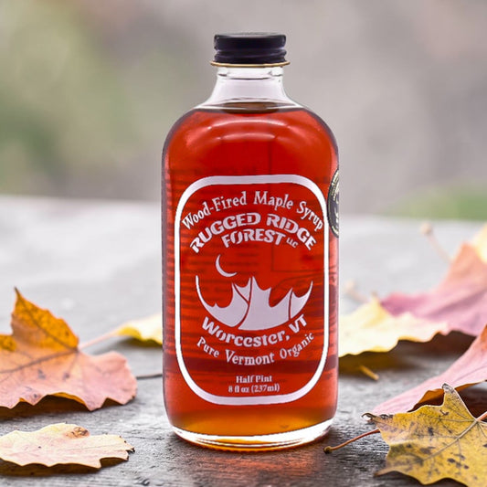 Stowe Public House & Bottle Shop Rugged Ridge wood-fired organic maple syrup, half pint glass bottle.