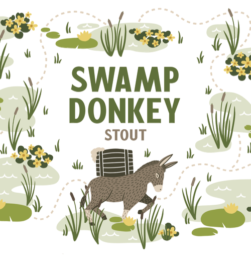 Stowe Public House & Bottle Shop Rutland Beer Works Swamp Donkey Stout illustration with donkey and barrel.