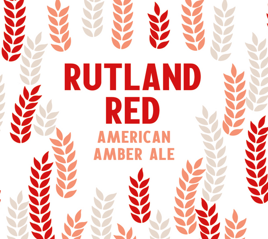 Stowe Public House Rutland Red American Amber Ale with malty notes and herbal hops, featuring wheat graphics.