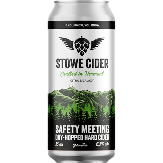 Stowe Cider Safety Meeting dry-hopped hard cider can, crafted in Vermont with Citra & Galaxy hops.