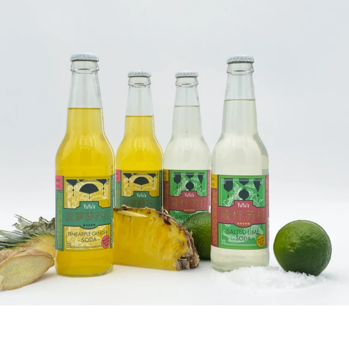 Stowe Public House & Bottle Shop YuYu's Salted Lime Soda in a clear glass bottle with a white label. Includes limes and salt.