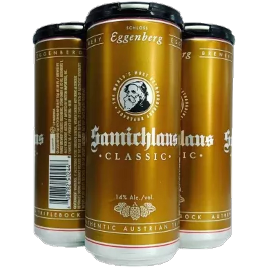 Stowe Public House & Bottle Shop: Schloss Eggenberg Samichlaus Classic beer cans, gold with red and white accents, 14% ABV.