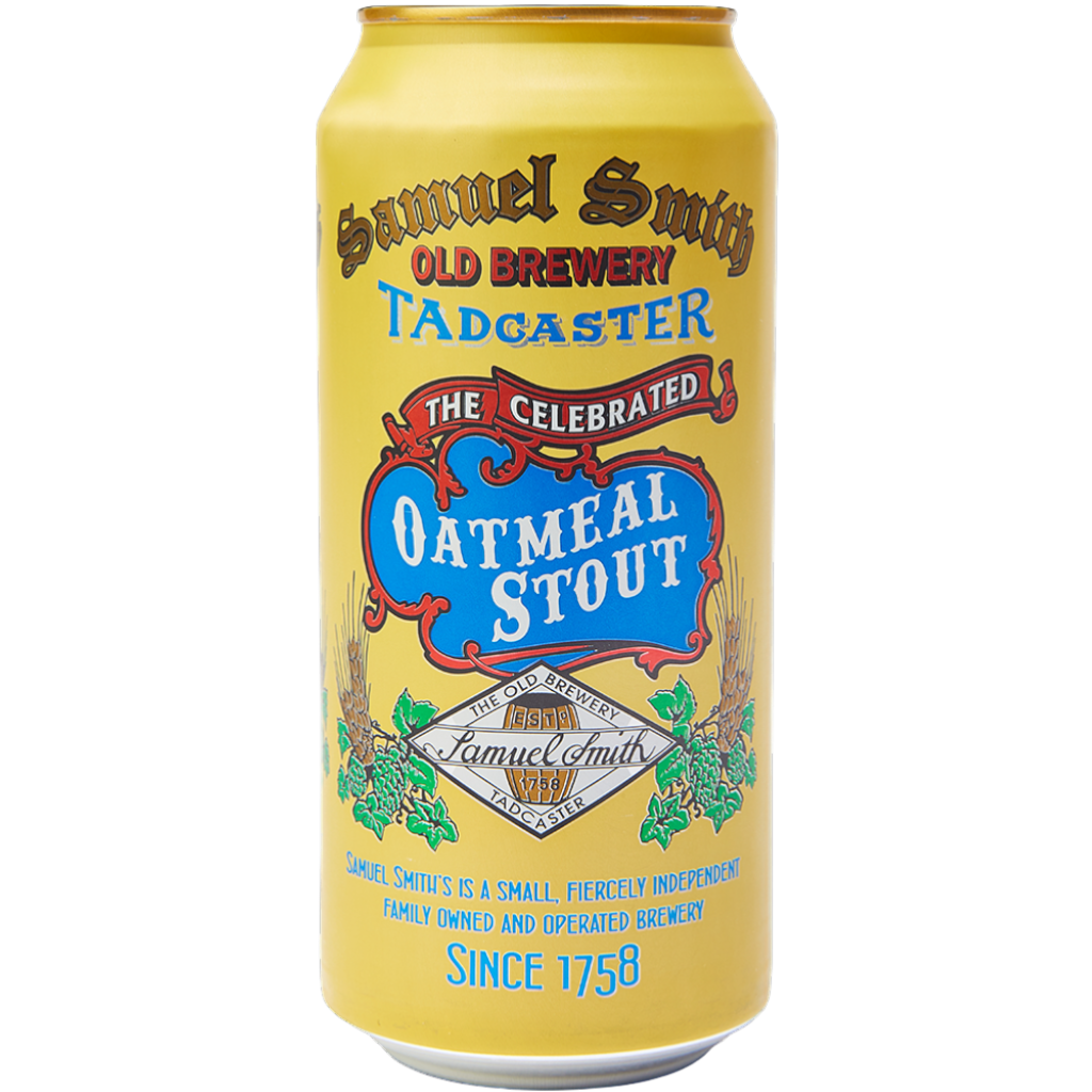 Stowe Public House & Bottle Shop: Samuel Smith Old Brewery Tadcaster Oatmeal Stout can. Yellow can with blue and red lettering.