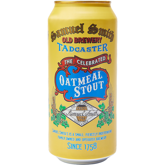 Stowe Public House & Bottle Shop: Samuel Smith Old Brewery Tadcaster Oatmeal Stout can. Yellow can with blue and red lettering.