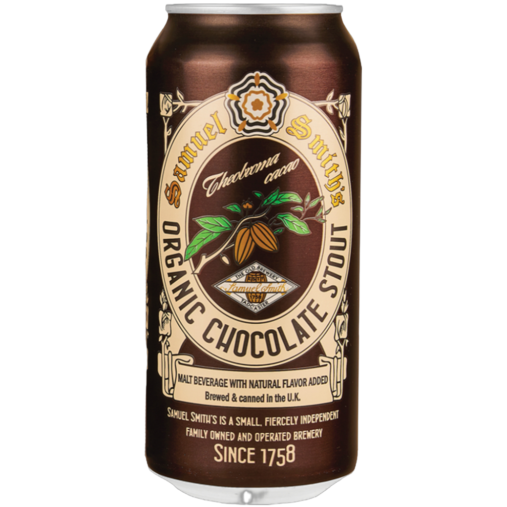 Stowe Public House & Bottle Shop Samuel Smith's Organic Chocolate Stout can. Dark brown can with cream and gold label featuring cacao pods and leaves.