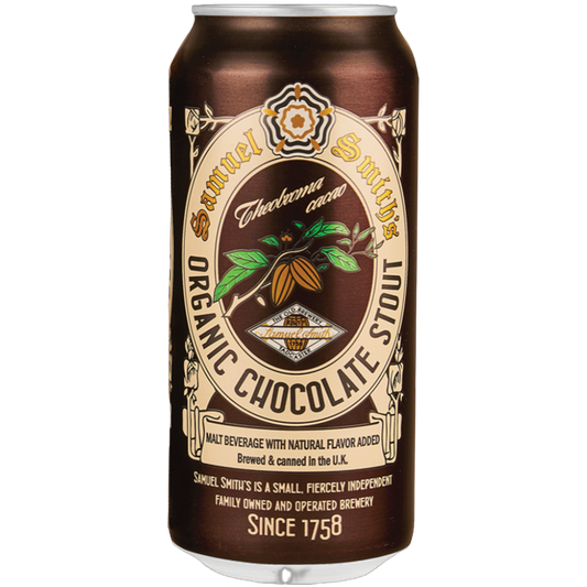 Stowe Public House & Bottle Shop Samuel Smith's Organic Chocolate Stout can. Dark brown can with cream and gold label featuring cacao pods and leaves.