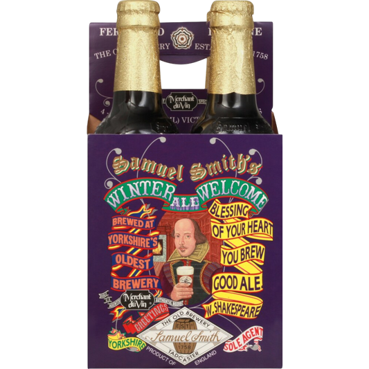 Stowe Public House & Bottle Shop: Samuel Smith's Winter Welcome Ale 6-pack with Shakespeare illustration. Dark bottles with gold foil caps.