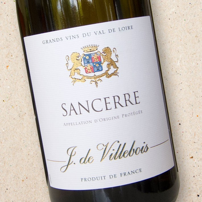 Stowe Public House & Bottle Shop J. de Villebois Sancerre wine bottle with white label and gold lettering.