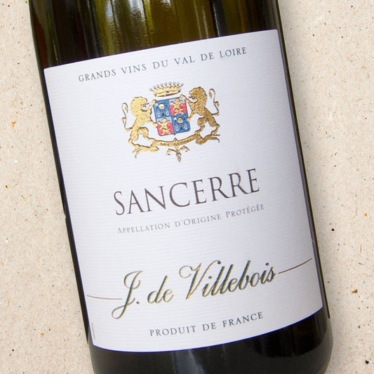 Stowe Public House & Bottle Shop J. de Villebois Sancerre wine bottle with white label and gold lettering.