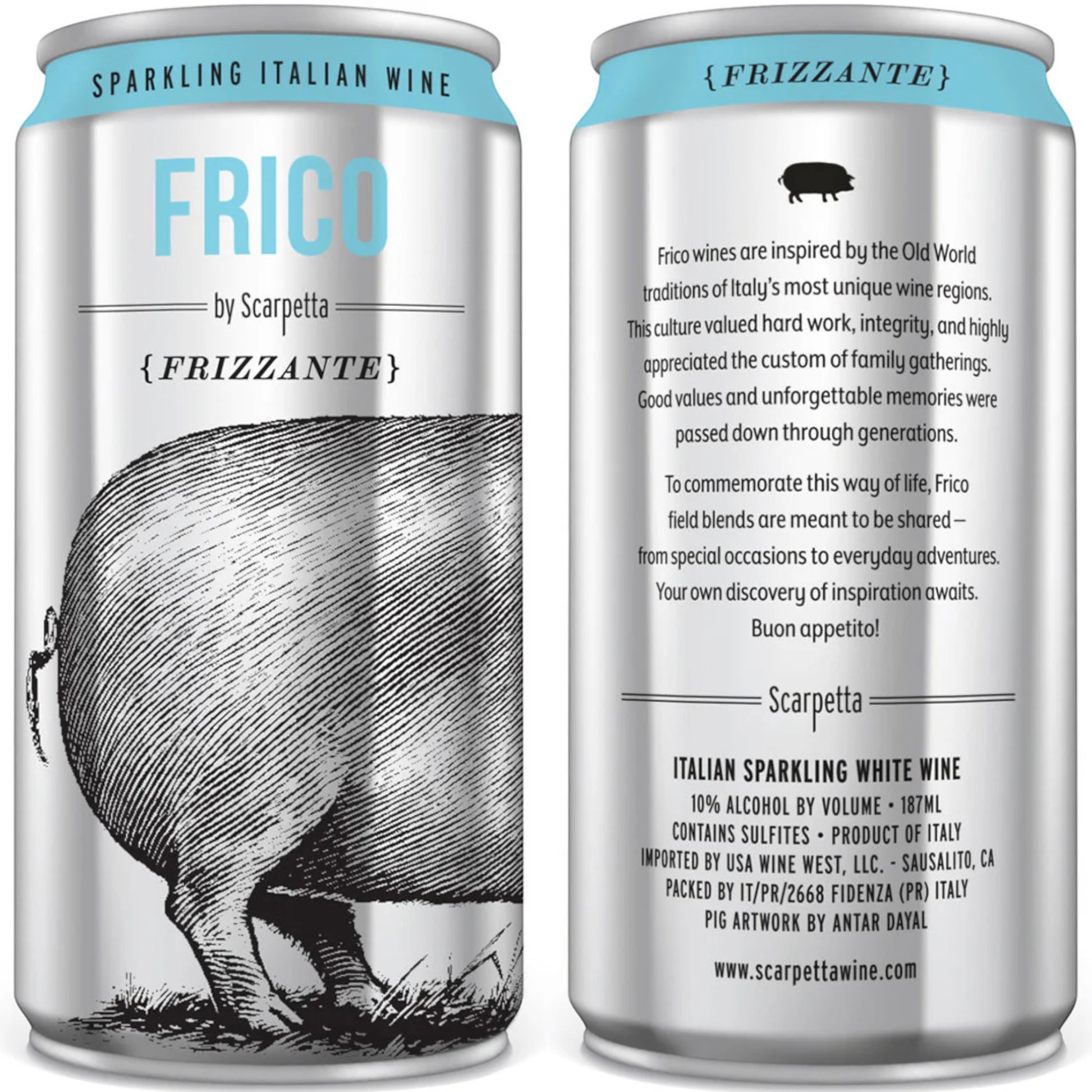 Stowe Public House & Bottle Shop Scarpetta Frico Frizzante sparkling Italian white wine in a silver can with a pig illustration.