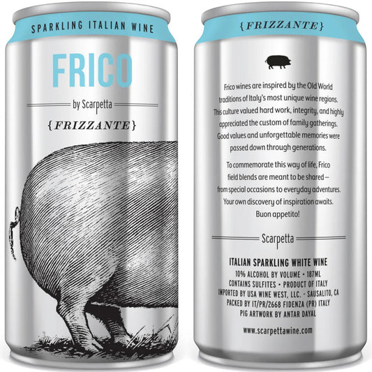 Stowe Public House & Bottle Shop Scarpetta Frico Frizzante sparkling Italian white wine in a silver can with a pig illustration.