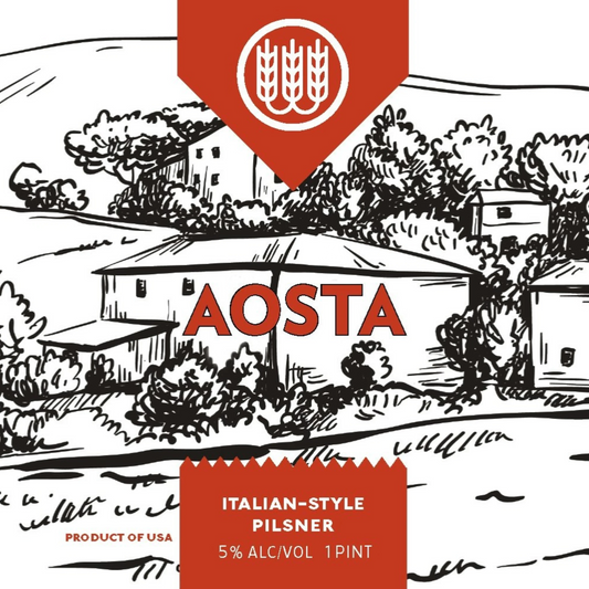 Stowe Public House & Bottle Shop: Schilling Beer Co. Aosta Italian Pilsner, 5% ABV, 1 pint. Features floral, citrus, and cracker notes.