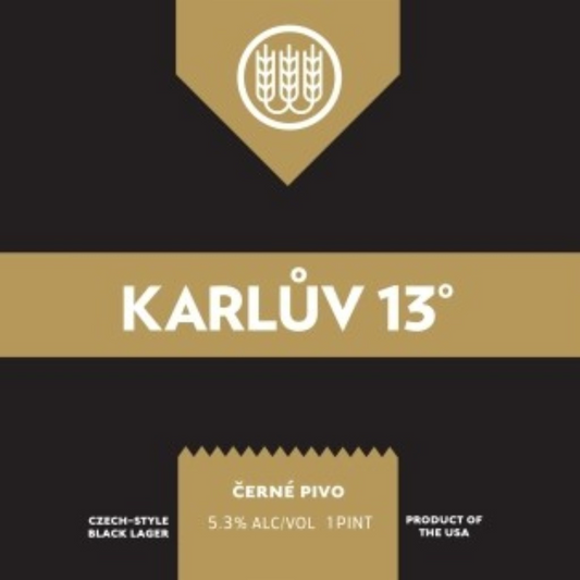 Stowe Public House & Bottle Shop Schilling Karluv 13 Czech-style black lager beer label. Rich black with khaki head, cocoa, coffee, chocolate, and pumpernickel notes.