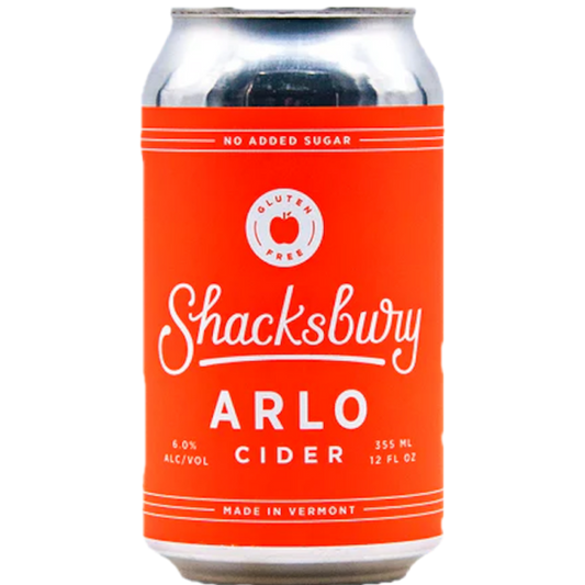 Stowe Public House & Bottle Shop Shacksbury Arlo cider can. Aromatic, grapefruit, lightly sparkling, dry, gluten-free, no added sugar.