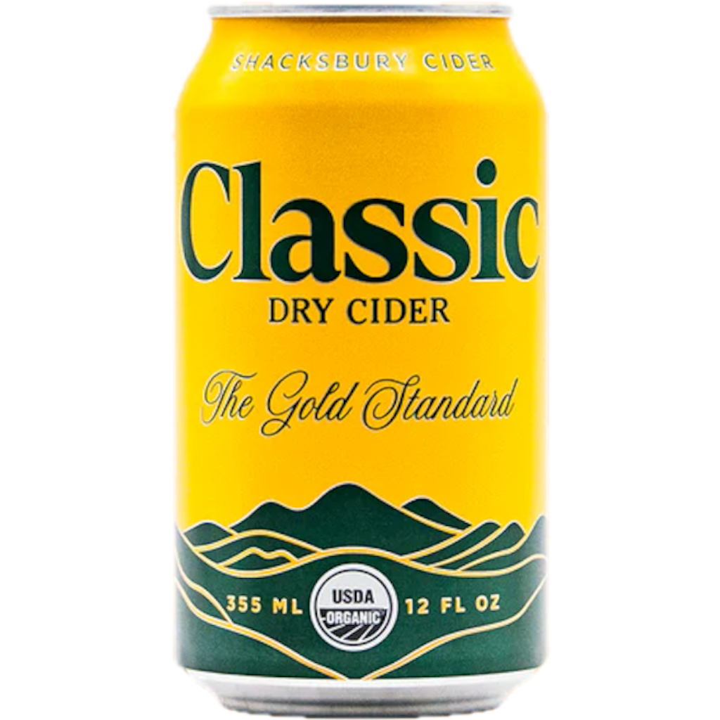 Stowe Public House & Bottle Shop Shacksbury Classic Dry Cider can. Golden yellow with green mountain landscape. USDA Organic.