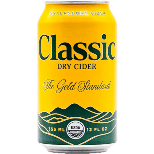Stowe Public House & Bottle Shop Shacksbury Classic Dry Cider can. Golden yellow with green mountain landscape. USDA Organic.