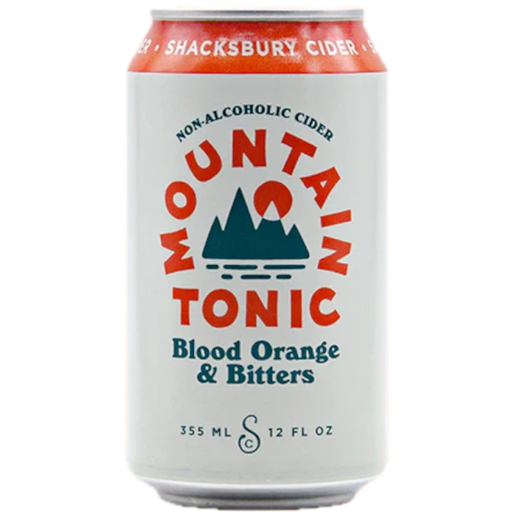Stowe Public House & Bottle Shop Shacksbury Mountain Tonic non-alcoholic cider with blood orange & bitters in a white can.