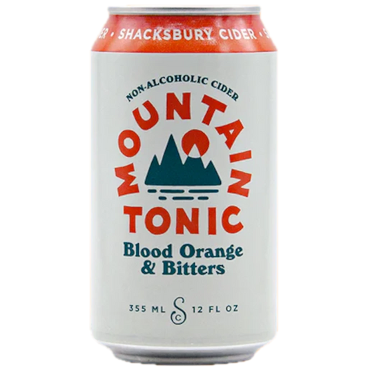 Stowe Public House & Bottle Shop Shacksbury Mountain Tonic non-alcoholic cider with blood orange & bitters in a white can.