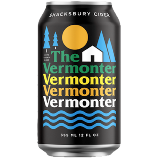 Stowe Public House & Bottle Shop Shacksbury Cider The Vermonter dry gin botanical cider with juniper berries. Black can with mountain and water graphics.
