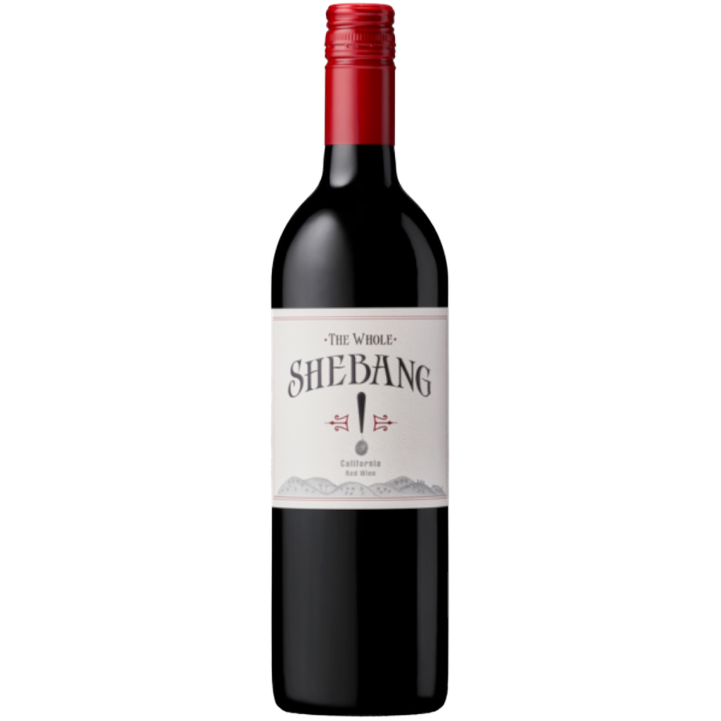 Stowe Public House & Bottle Shop Bedrock The Whole Shebang California Red Wine bottle with a red cap and white label.
