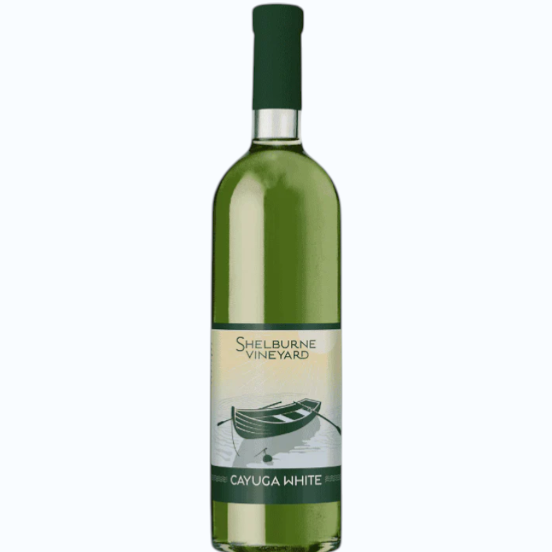 Stowe Public House & Bottle Shop Shelburne Vineyard Cayuga White wine bottle with a rowing boat illustration.