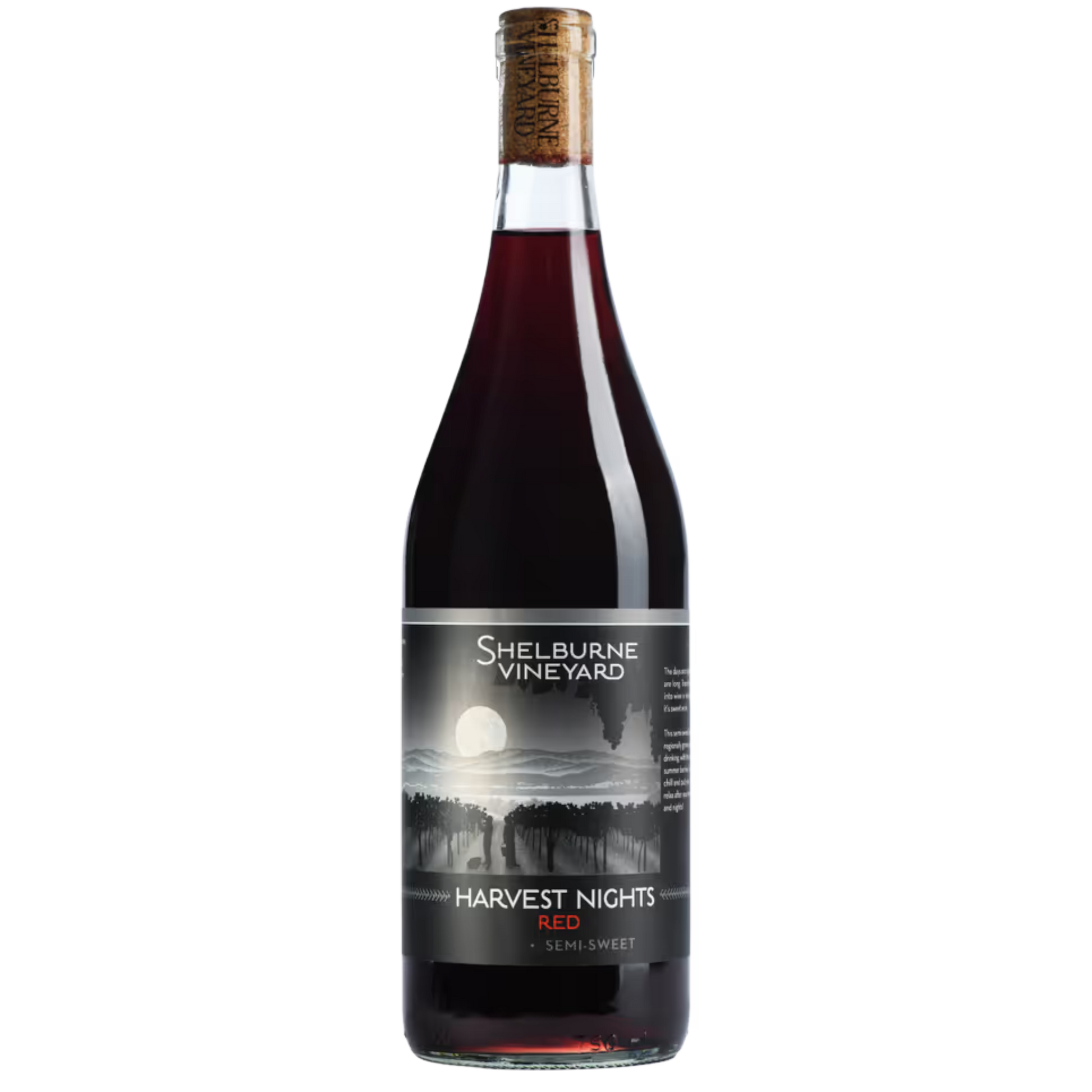 Stowe Public House & Bottle Shop Shelburne Vineyard Harvest Nights semi-sweet red wine bottle with cork.