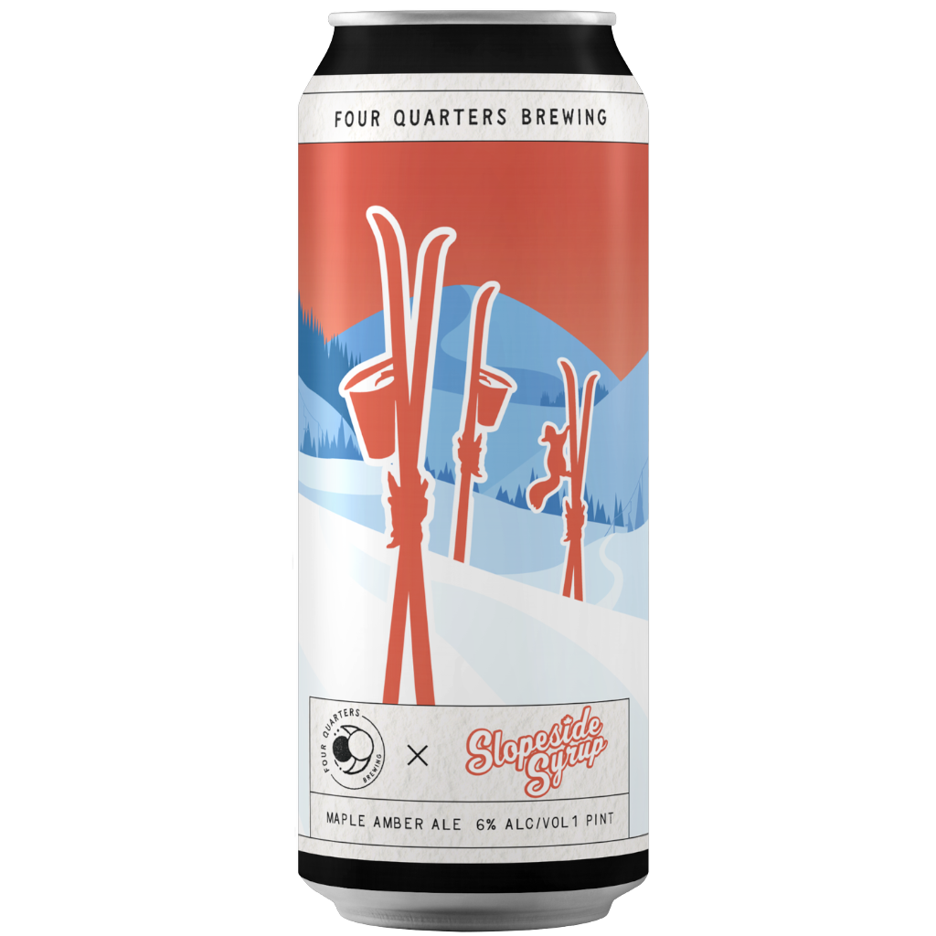 Stowe Public House & Bottle Shop Four Quarters Slopeside Syrup maple amber ale can with ski graphics.