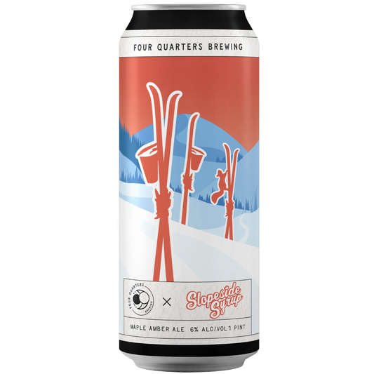 Stowe Public House & Bottle Shop Four Quarters Slopeside Syrup maple amber ale can with ski graphics.