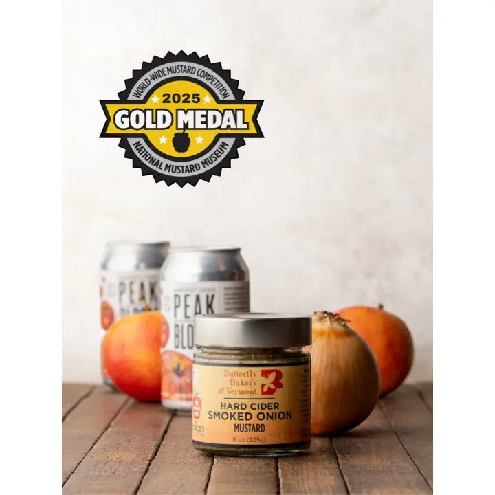 Stowe Public House & Bottle Shop's Butterfly Bakery Hard Cider Smoked Onion Mustard, a whole grain mustard with a gold medal award.